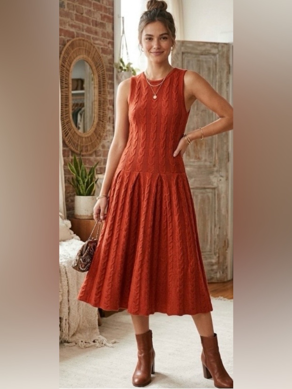 Anthro Far Away From Close Wool Dress XS Cable Knit Fit Flare Pleated Sleeveless